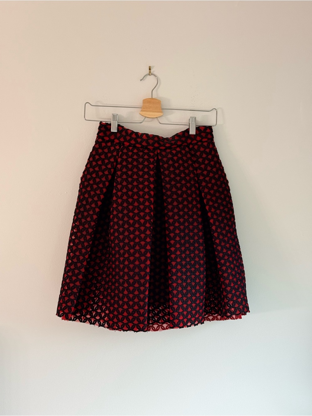 Maje Red and Black Circle Skirt with Geometric Floral Motif
